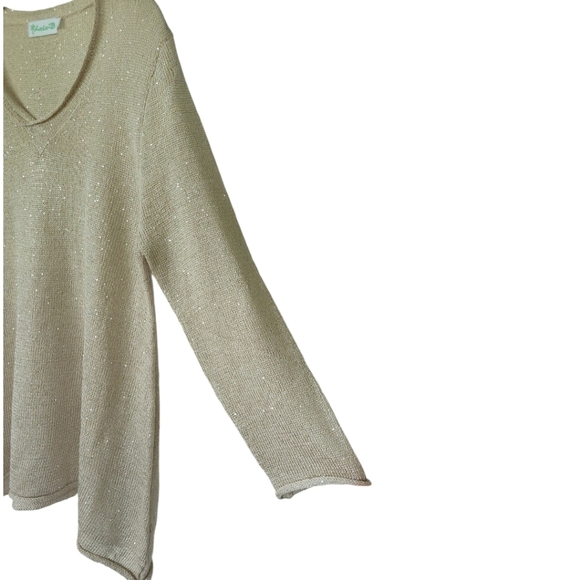 Lulu-B Sz L Asymmetrical Hem Knit Sparkly Summer Sweater Top 3/4 Sleeves Beige - Picture 6 of 12